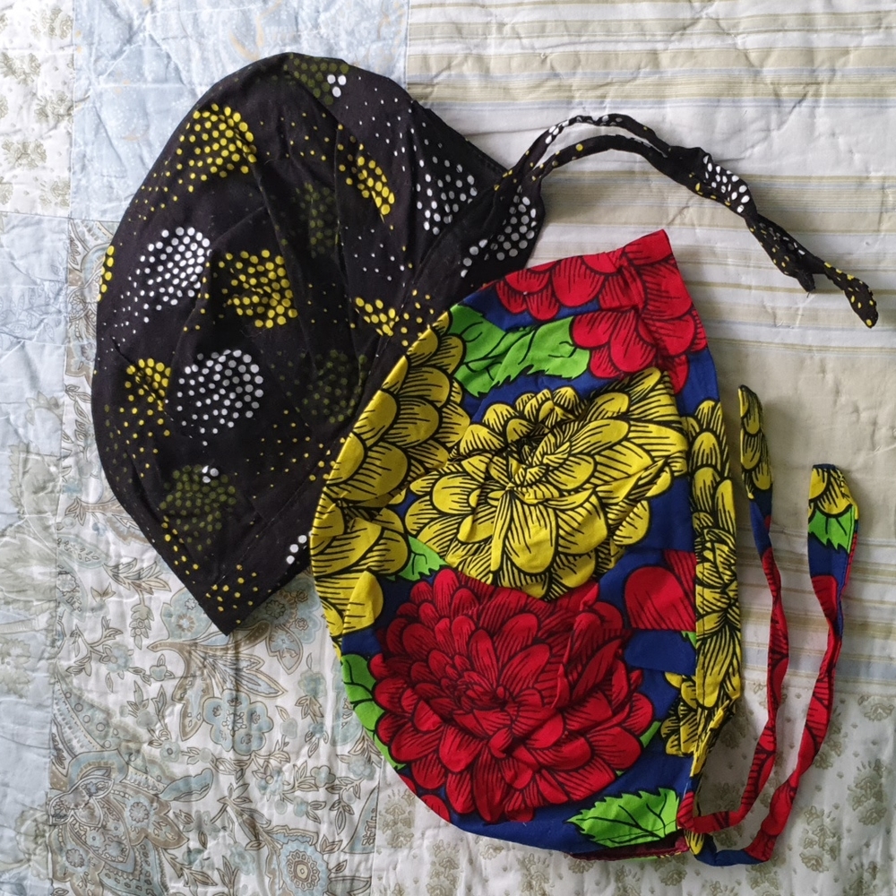 2 EUC satin-lined scrub hats/surgical hats, African prints, size L